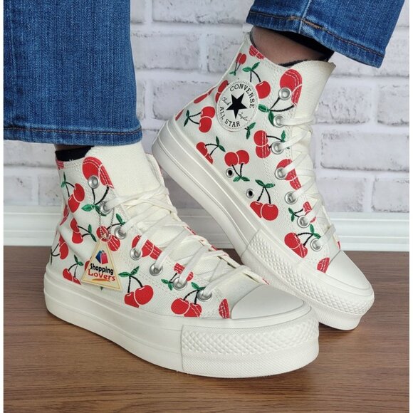 🍒Converse Chuck Taylor Lift Hi Sz 6 Women Shoes Cherries Embroidered A08096C🍒 - Picture 2 of 12